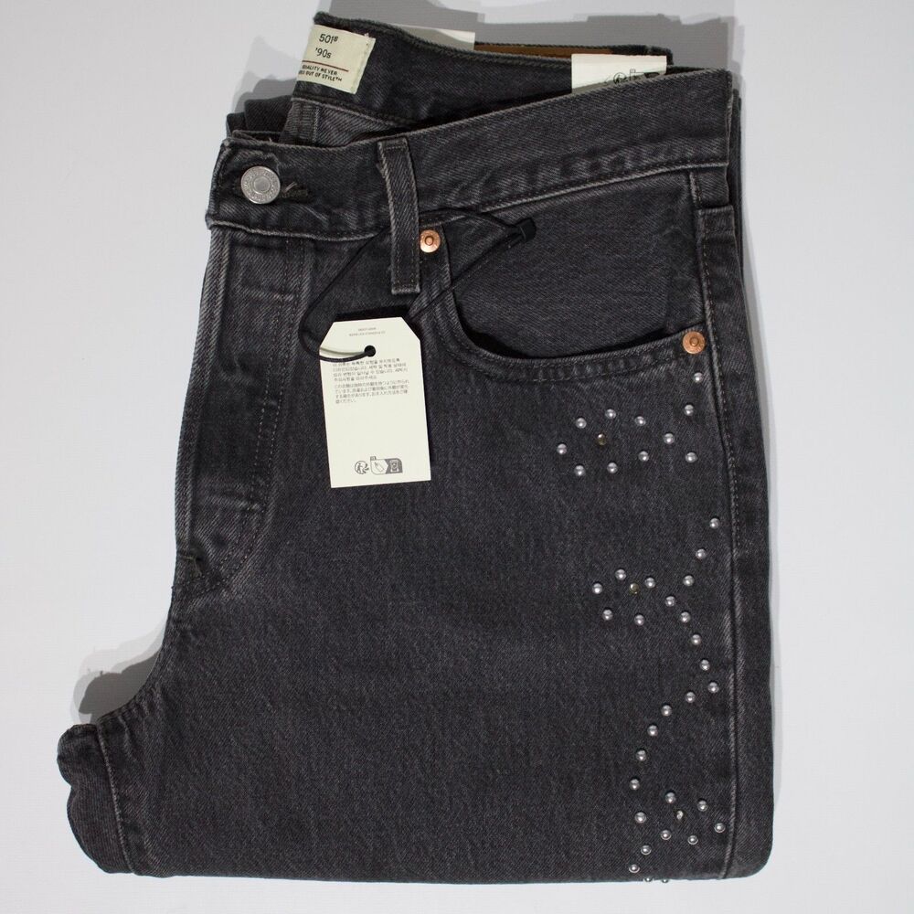NWT $128 Levi's Premium 501 '90s Black Denim Studded Western Jeans Women 29x30 - Picture 7 of 16